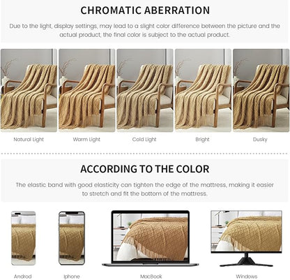BOURINA Mustard Throw Blanket 50 x70 Inches Jacquard Argyle Throw Textured Solid Soft Throws and Blankets for Sofa or Bed Knitted Decorative Blanket