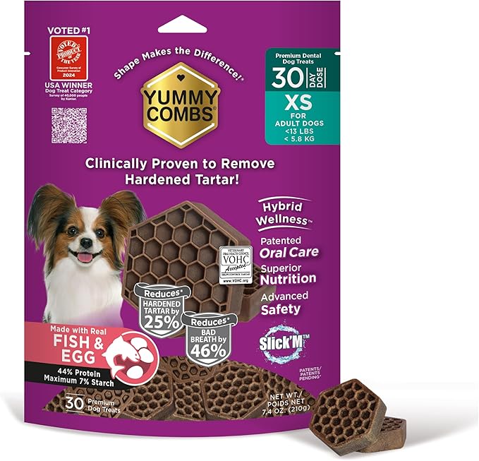 Yummy Combs Dog Dental Treats – Fish & Egg Protein – Vet VOHC Approved, Removes Tartar – A Daily Teeth Cleaning Treat for Extra Small Dogs (30 Count)