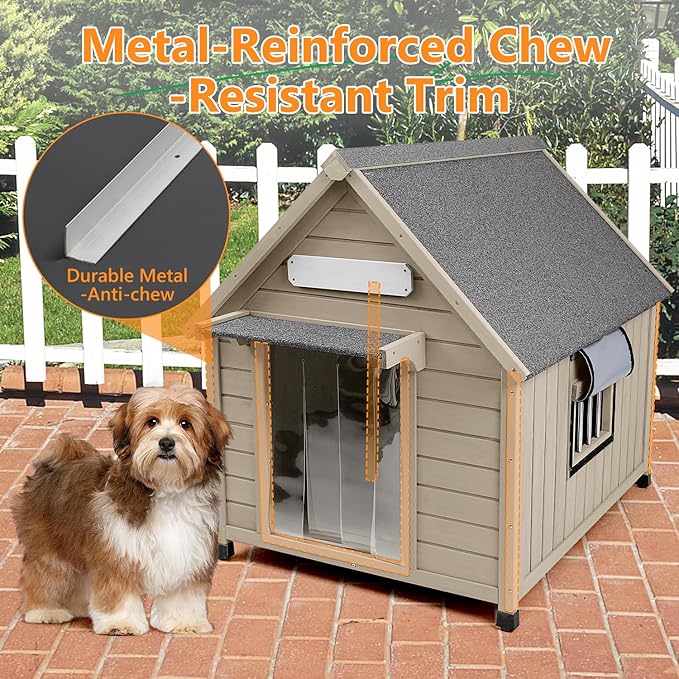 Large Dog House Indoor Outdoor with Window, Doghouse Kennel Shelter with Anti-Chewing Iron Frame for Medium to Small Dogs, Easy Assemble(37.4" W*30.5" L*39.3" H)