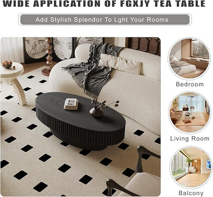 FGXJY Oval Coffee Table with Storage, Modern Black Coffee Table with Solid Wood Veneered, Fluted Center Table Wood Drum Tea Table for Living Room Apartment, 47.2''L×23.6''W×14.2''H