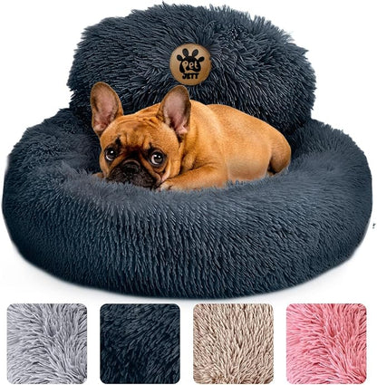 PetJett Small Dog Bed - 23'' Round Dog Beds, Calming Puppy Bed - Washable Dog Bed - Anti-Slip, Super Soft Fluffy Plush Faux Fur Pet Bed, Anti-Anxiety Premium Comfort Donut Bed, Fits Dogs Upto 25 lbs