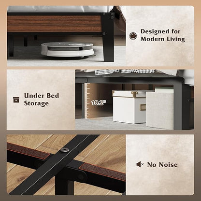 WLIVE Full Upholstered Bed Frame with 2 Side Shelves, Linen Tufted Storage Headboard with Charging Ports and LED Light, Metal Solid and Stable, No Box Spring Needed, Easy Assembly, Brown