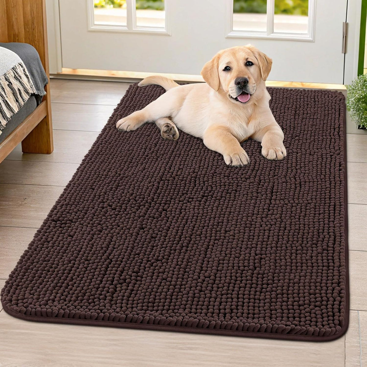 Smiry Dog Door Mat for Muddy Paws 40x32, Absorbs Moisture and Dirt Doormat, Non-Slip Washable Quick Dry Chenille Front Door Mat Indoor Entrance, Entryway Carpet for Inside Floor, Brown