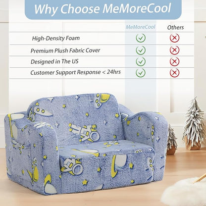 MeMoreCool Toddler Folding Sofa Chair – Denim Rocket Glow-in-The-Dark Plush Lounger 2-in-1 Couch & Recliner | Machine Washable | Soft Kids Seat for Playroom or Nursery