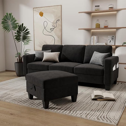 Sectional and Sofa Couches for Living Room, 3-Seater L-Shaped Sofa with Storage Ottoman, Pet-Friendly Washable Velvet Linen Fabric, Convertible Couches for Small Apartments, Bedroom (Black)