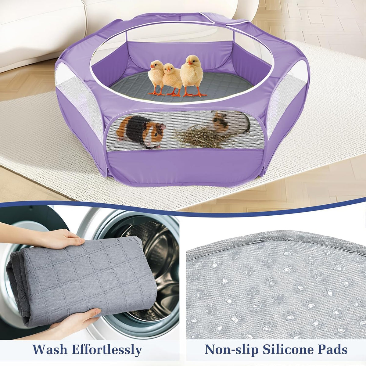 2-in-1 Small Animals Playpen with Pad, Waterproof Small Pet Cage Tent with Reusable Pad, Portable Outdoor Yard Fence with 3 Metal Rod for Chick/Kitten/Puppy/Guinea Pig/Rabbits/Chinchillas, Purple