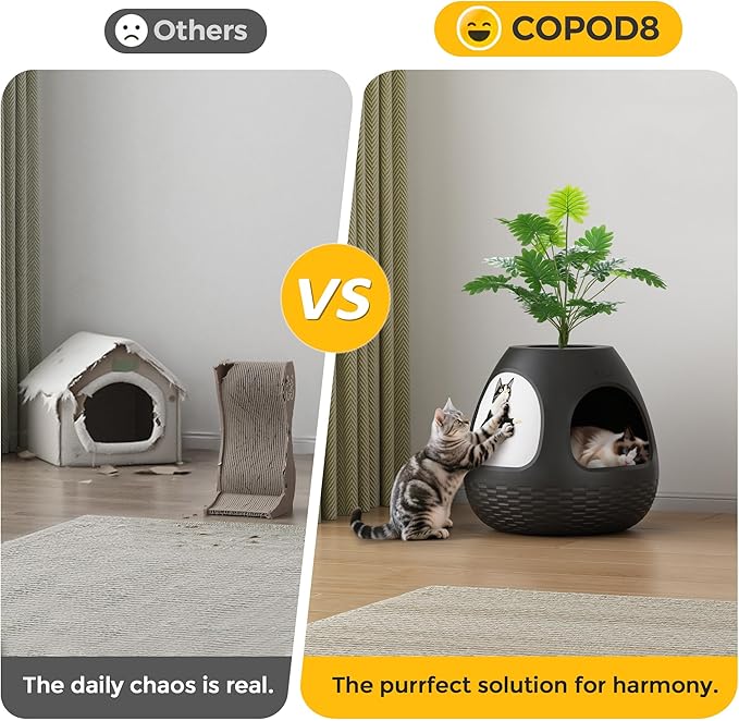 Copod8 Cat Cave, 3-in-1 Kitty House Condo with Plant, Cat Cushioned Bed, Cat Scratchers, Modern Cat Pet Furniture for Indoor, Kitty Hiding Spot (Black, M)