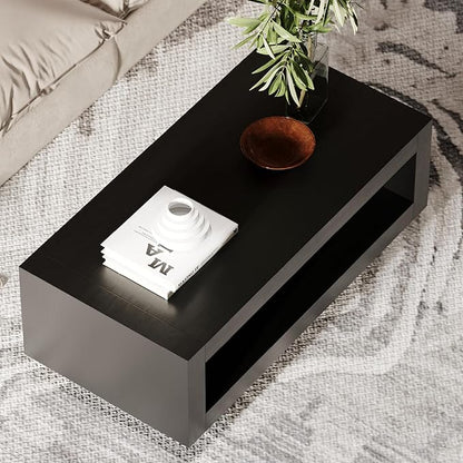 Maven Lane Artemis Coffee Table – 18 Inch Rectangle Table with Storage – Black Solid Wood – Ideal for Living Room and Lounge