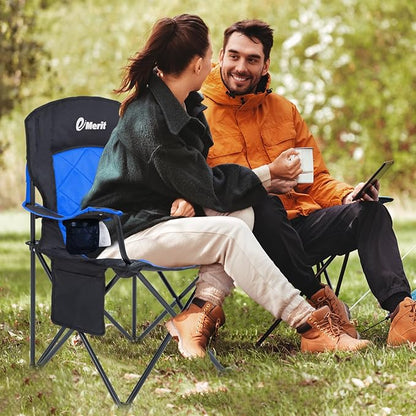 EMERIT 2 Pack Oversized Padded Camping Chair, 350LB Heavy Duty Quad Fold Chair with Arms, Collapsible Outdoor Chairs with Lumbar Back & Cup Holder