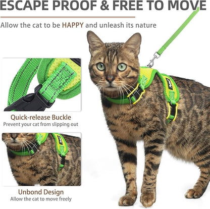 PUPTECK Cat Harness and Leash Set Escape Proof, Reflective Adjustable Soft Mesh Kitten Vest Harness for Walking Travel, Green, M