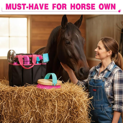 Abbylike 12 Piece Horse Grooming Kit with Organizer Tote Bag Brush Sets for Derby Day Show Horses Professional Tools for Care & Massage(Rose Red)