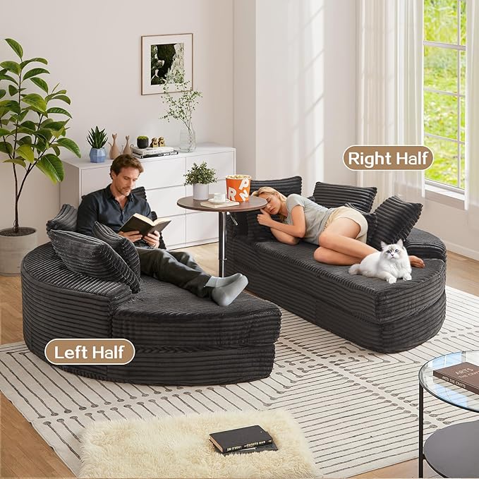 Antetek Chaise Lounge Chair Indoor, Convertible Folding Futon Sofa Bed w/ 5 Pillows, Fluffy Corduroy Boneless Compressed Memory Foam Couch for Living Room, Bedroom (Black, Right Half)