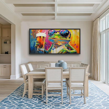 Large Graffiti Frog Wall Art for Living Room, Framed Oversized Funny Frog Beer Wall Decor Colorful Animal Canvas Painting Modern Artwork for Bathroom Bedroom Office Dining Room 60"x30"