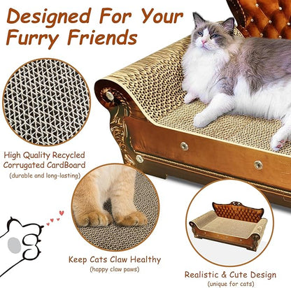 Luxury Cardboard Cat Scratcher Sofa Bed, Couch Shaped Scratching Board, Scratch Lounge with Catnip, Cat Scratcher for Indoor Cats Large Brown