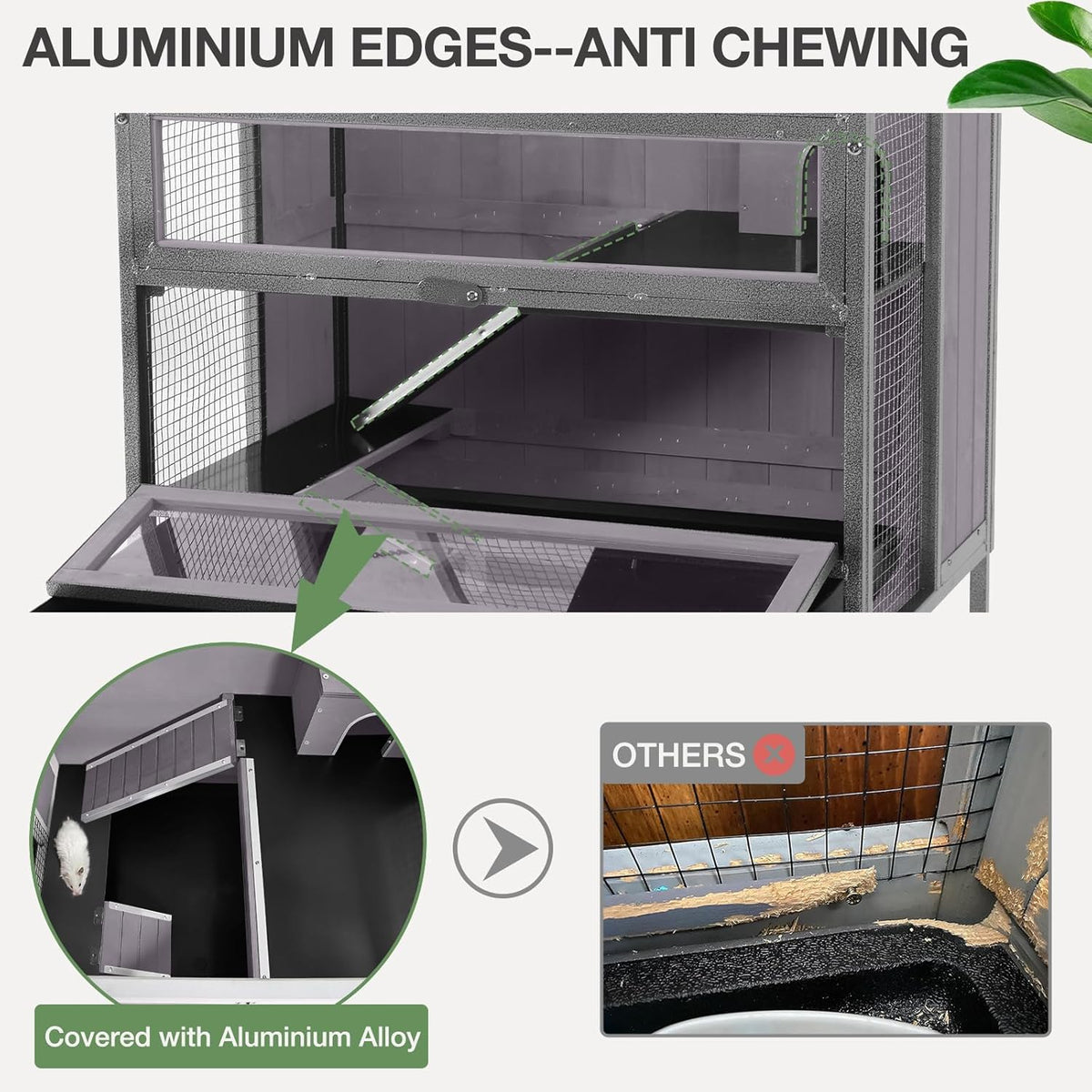 Guinea Pig Cage, Moveable Metal Frame Hamster Cage Anti-Chewing with Aluminium Alloy Edge, Hideouts, Ramps, Seesaws Chewing Toy, Deeper Pull-Out Leakproof Tray for Indoor Outdoor(Grey