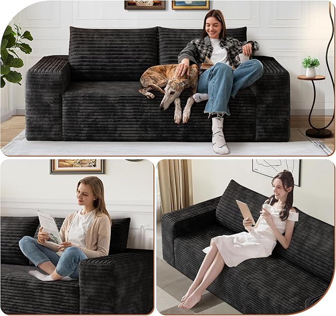71" Corduroy Loveseat Sofa, 3-Seater Cloud Couch, Boneless Couch in a Box, Comfy Deep Seat Sofa with Memory Foam, Pillows and Wide Armrests, Modern Small Couches for Small Spaces, No Assembly (Black)
