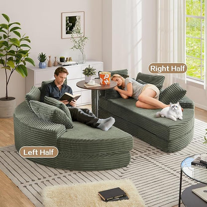 Antetek Chaise Lounge Chair Indoor, Convertible Folding Futon Sofa Bed w/ 5 Pillows, Fluffy Corduroy Boneless Compressed Memory Foam Couch for Living Room, Bedroom (Green, Left Half)