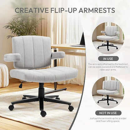 Vigosit Grey Criss Cross Office Chair with Wheels, Ergonomic Wide Seat Vanity & Dressing Table Chair, Adjustable Arms Swivel Rolling Desk Chair for Women, Comfortable Cross-Legged Support