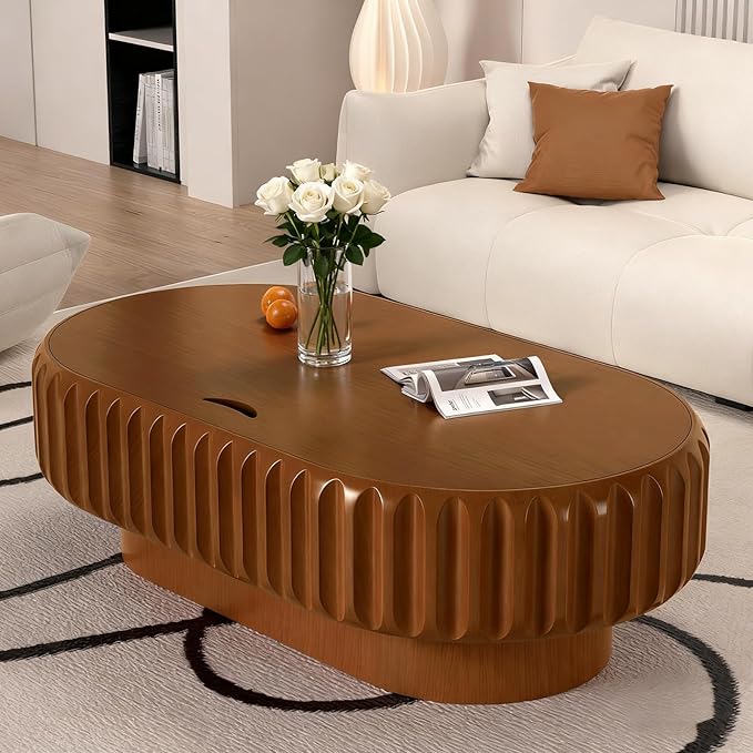 Oval Drum Coffee Table Fluted Coffee Table with Storage Center Table Pedestal End Table for Apartment (43.3in)