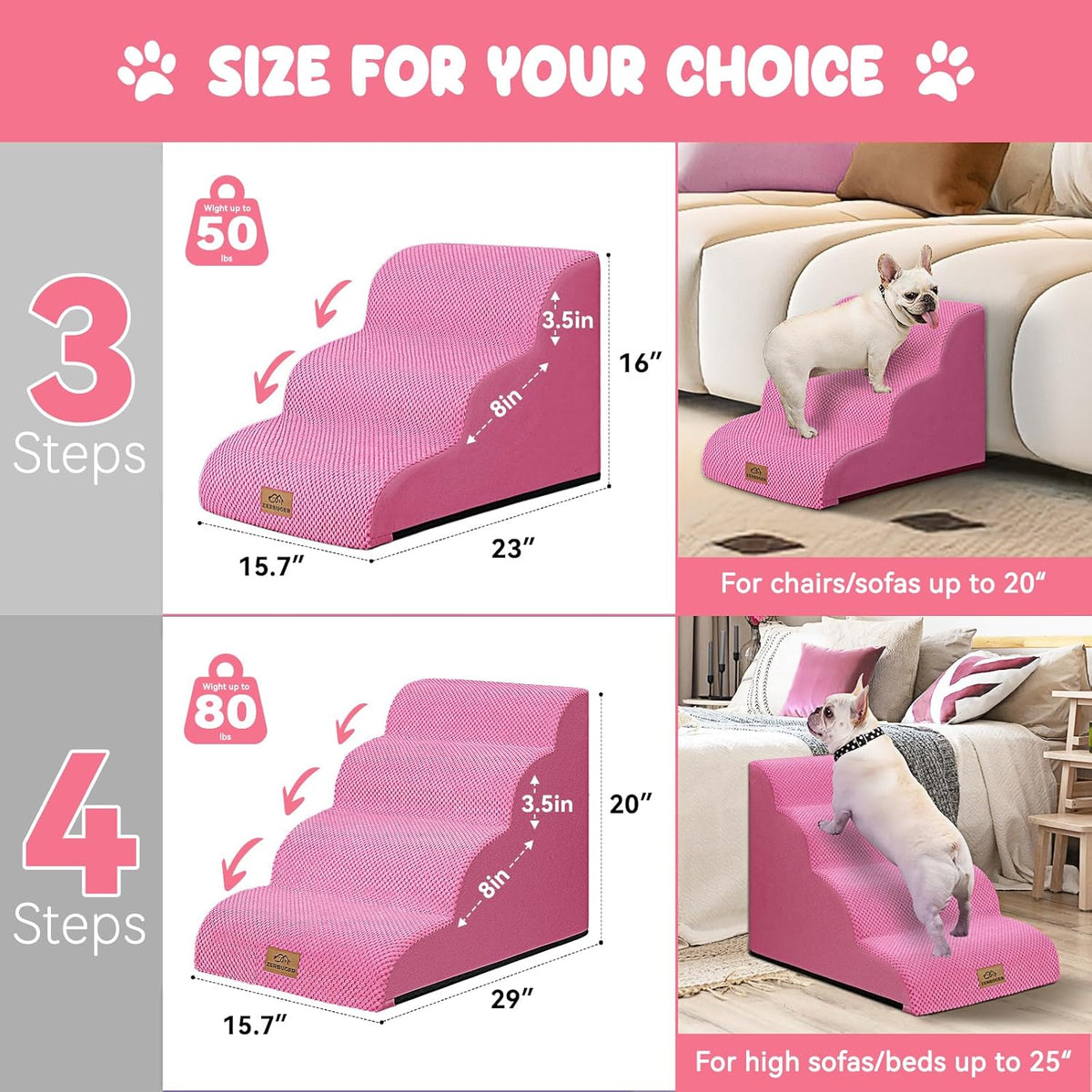 Dog Ramp and Stair for Bed 16" H-20 H,3-Step Cat Stair for Sofa and Chair,4-Step Dog Ramp for High Bed and Window,Durable Nonslip Fabric Cover for Indoor (Pink-20 H, Pet Friendly, 4)