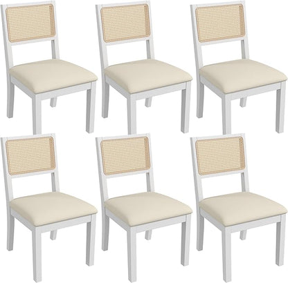 Westice Rattan Dining Chairs Set of 6, Farmhouse Natural Dining Room Chairs with Upholstered Cushion, Wood Armless Chairs for Kitchen/Restaurant, White