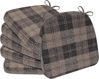 AAAAAcessories D-Shaped Chair Cushions, 2" Thick Dining Chair Pads with Ties and Removable, Machine-Washable Cover, 17" x 16", Set of 6, Brown Checkered