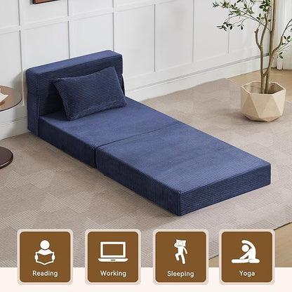 Folding Sofa Bed Convertible Floor Couch Foldable Chair Bed with Pillow，Linen Sleeper Chair Futon,Foldable Memory Foam Mattress for Bedroom/Living Room/Dorm/Office (Corduroy Navy, Single)