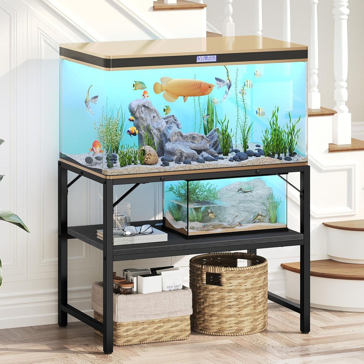 40-50 Gallon Fish Tank Stand, Aquarium Stand with 2-Tier Storage Shelves, Heavy Duty Breeder Turtle Terrarium Stand Rack for Home Office, 36.2" L x 18.9" W x 24.4" H, Black FTBK4001