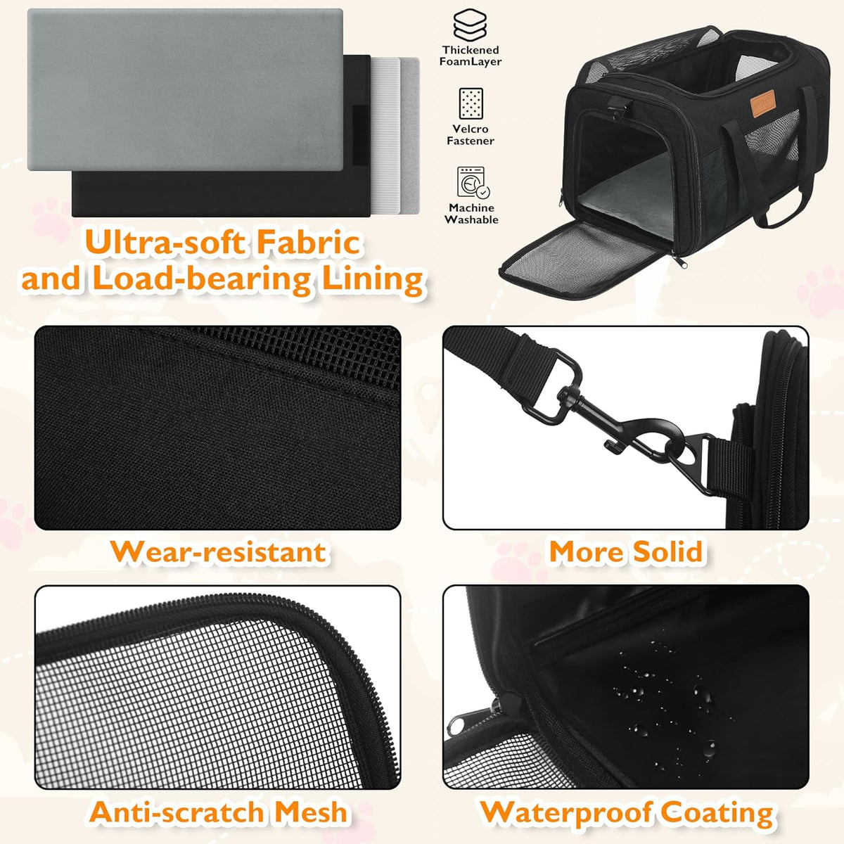 PETUX TSA Approved Pet Carrier in Cabin, 17"x11"x9.5" Soft Cat Carriers for Small Cat up to 12 lb and Puppy up to 10 lb, Top Open Portable Pet Carrier Airline Approved for Travel and Vet Visit (Black)