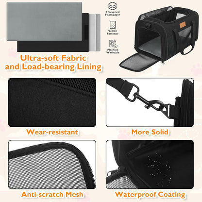 PETUX TSA Approved Pet Carrier in Cabin, 17"x11"x9.5" Soft Cat Carriers for Small Cat up to 12 lb and Puppy up to 10 lb, Top Open Portable Pet Carrier Airline Approved for Travel and Vet Visit (Black)