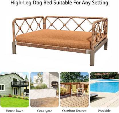 Elevated Indoor & Outdoor Dog Bed for Small Dogs, Durable Rattan Wicker Pet Sofa with Removable Washable Waterproof Cushion, Stylish Dog Couch, Brown