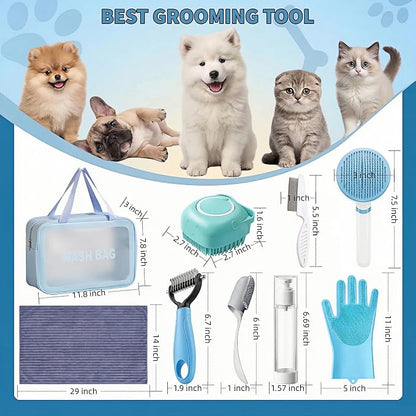 9PCS Dog Bath Kit & Dog Brush Kit for Dogs & Cats - Professional Pet Grooming Tools Set with Shedding Brush, Bath Scrubber, Dematting Comb & Storage Bag - Complete Dog Washing Essentials, Blue