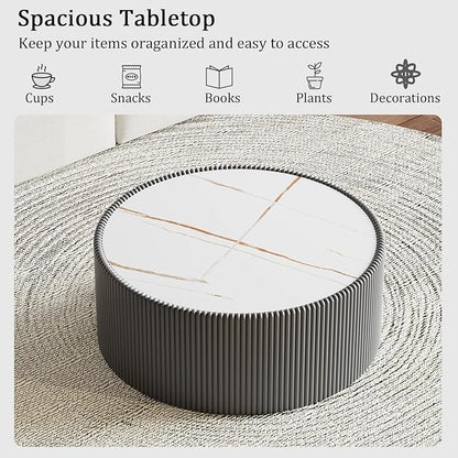 Round Coffee Table Set with Sintered Stone Tabletop, 29.52" Grey Drum Center Table and 17.71" Grey Coffee Table Set, 2 Pieces Living Room Table Set with Fluted PU Leather Cover& Stable Base