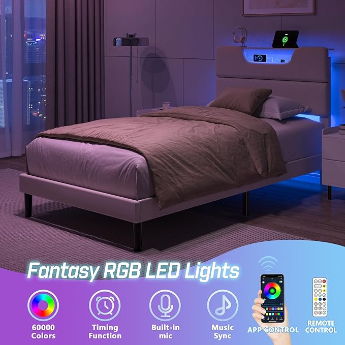 Twin Bed Frames for Kids, Twin Size Bed Frames with Upholstered Headboard, Modern Platform Bed with Charging Station and Led Lights, Sturdy Wooden Slats