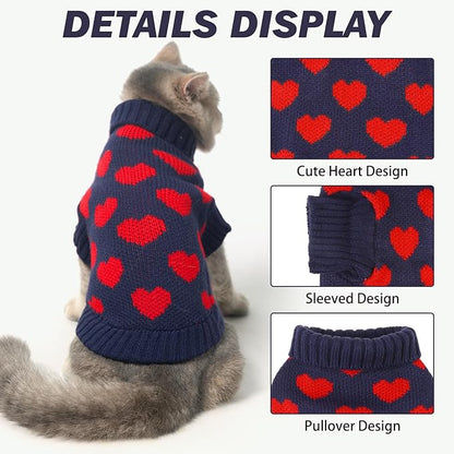 KOOLTAIL Cat Sweater Turtleneck- Soft Knit Sweaters for Cats Only, Christmas Red Heart Love Pattern Thick Warm Cold Weather Clothes for Small Medium Large Size Kitten Puppy Navy L