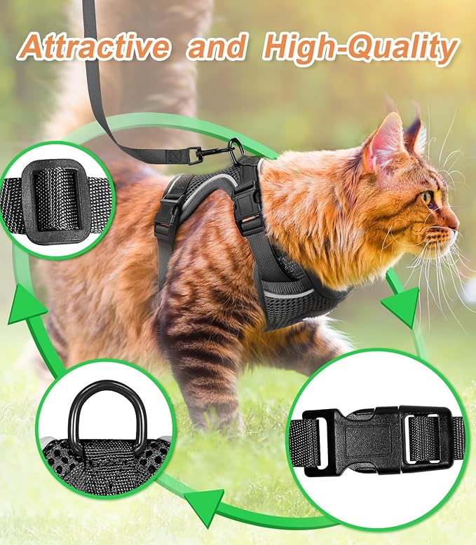 Halypet Cat Harness and Leash Set [ MAX Safety Third Generation ] Escape Proof Soft Adjustable Cat Leash Breathable Comfortable Vest Easy to Wear Kitten Harness for Outdoor Walking Black