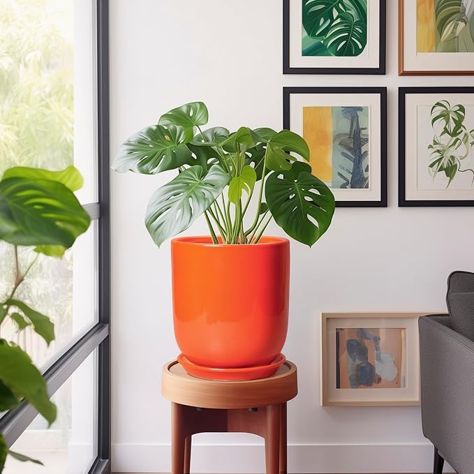 Indoor Planter 10 Inch - Ceramic Plant Pot with Drainage Hole and Saucer, Modern Decorative Round Planter for Indoor Outdoor Plants, Housewarming Gifts, Home Garden Office Decor, Orange