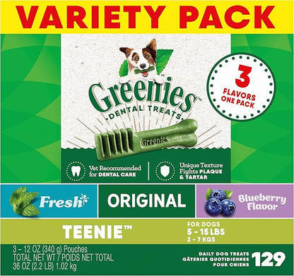 Greenies Teenie Dental Dog Treats 3-Flavor Variety Pack, (3) 12 oz. Pouches, 129 Total Treats