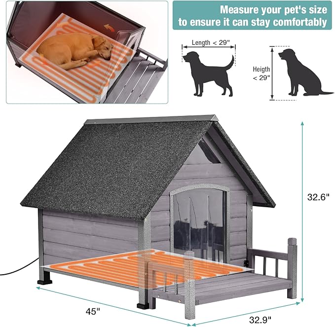 Insulated Dog House with Heating Pad, Weatherproof Outdoor Kennel for Large Dogs, Chew-Resistant Iron Frame & Asphalt Roof (Grey-H, L)