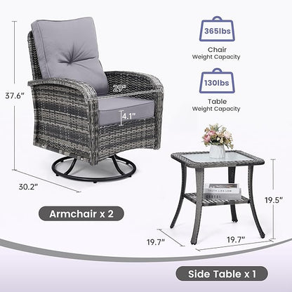 wildformers Luxury Outdoor Swivel Wicker Glider Patio Chairs with Table Set, Overstuffed Washable Cushions, Ideal for Porch, Balcony, Deck, Grey Rattan and Grey Cushion
