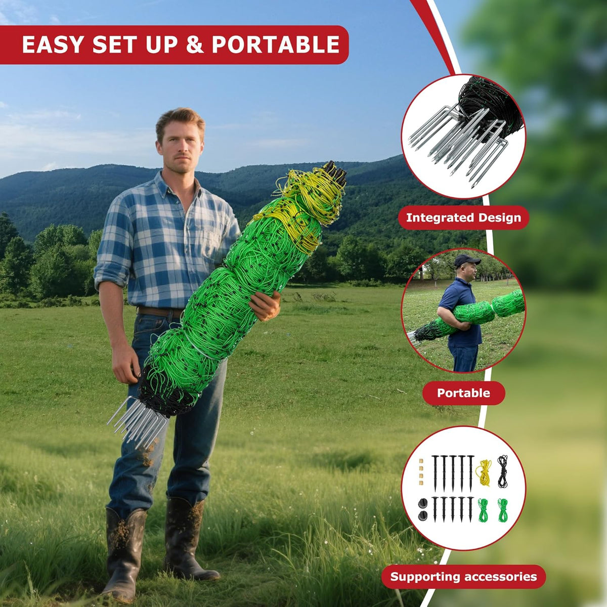 Electric Fence Netting, 164'L x 42.5" H Electric Fence Kit for Livestock, Goat, 14 Posts Double Spiked Portable Electric Poultry Farm Fence