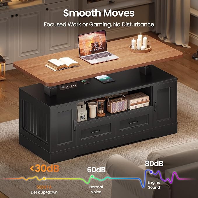 SEDETA 47.2" Electric Standing Coffee Table with Storage, Farmhouse Lift Top Coffee Table with Drawers and Open Shelves, Height Adjustable Tables with Power Outlet, for Living Room, Black