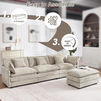 KIVENJAJA 111.5”W Chenille L-Shaped Modular Sectional Sofa, Modern 3-Seater Comfy Deep Seat Cloud Couch with Ottoman/Chaise & 5 Pillows for Living Room Office Apartment, Light Camel