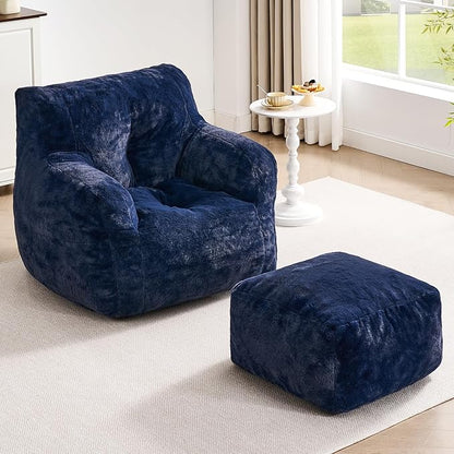 ONBRILL Giant Bean Bag Chairs for Adults with Ottoman, Faux Fur Boneless Chaise Couch Filler with Memory Foam,Large BeanBag Lounge Lazy Floor Sofa Accent Chair for Living Room,Bedroom & Game Rooms