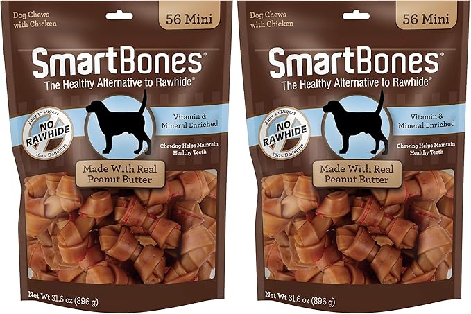 SmartBones Mini Bones with Real Peanut Butter 56 Count, Rawhide-Free Chews for Dogs (Pack of 2)
