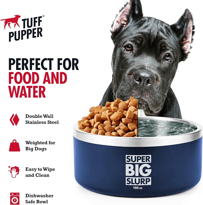 Tuff Pupper Heavy Duty Insulated Dog Bowl | Double Wall Stainless Steel Dog Food Dish | Non-Slip Spill Proof Dishwasher Safe Cat Bowl | Water Dish for Feeding Large Medium Small Pets (188oz, Blue)