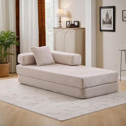 Convertible Couch Sofa Bed Foldable Floor Sleeper | Modern Fold Out Couch | Removable Backrest & Armrests | No Assembly Compression Sofa Sleeper for Living Room, Bedroom | Corduroy Fabric Beige
