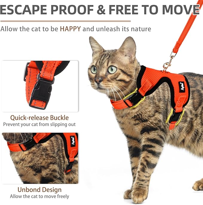 PUPTECK Cat Harness and Leash Set Escape Proof, Reflective Adjustable Soft Mesh Kitten Vest Harness for Walking Travel, Orange, S