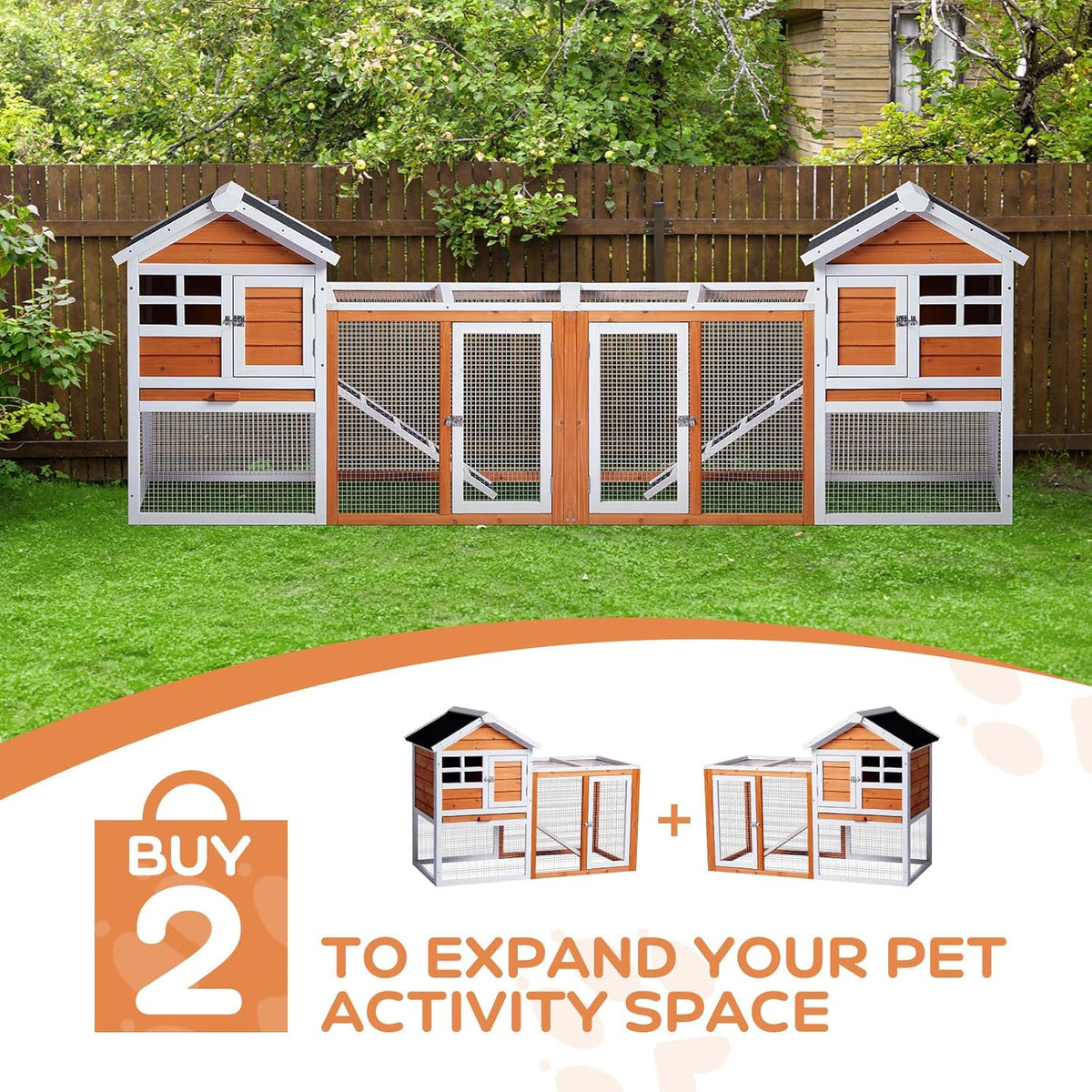 Outvita Rabbit Hutch, Small Wood Chicken Coop, 48" Guinea Pig Cage w/Pull-Out Tray, Waterproof Asphalt Roof, Chicken Run, Interactive Door for Small Animal Pen Outdoor