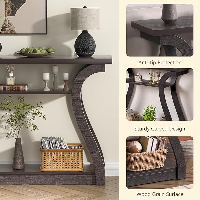 Wooden Console Table with Curved Legs and Shelf, 3-Tier Modern Accent Sofa Table for Entrance Area, Living Room, Hallway, 47 in Wide (Brown)